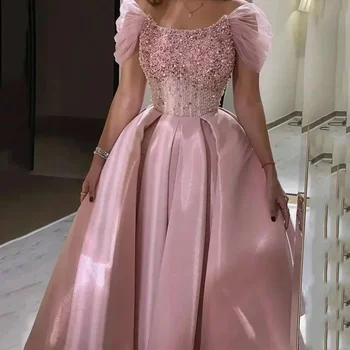 여성용 맞춤형 무도회 드레스, 발목 길이, A 라인 진주, 비즈 오프 숄더, 반짝이는 새틴, 이브닝 파티 원피스