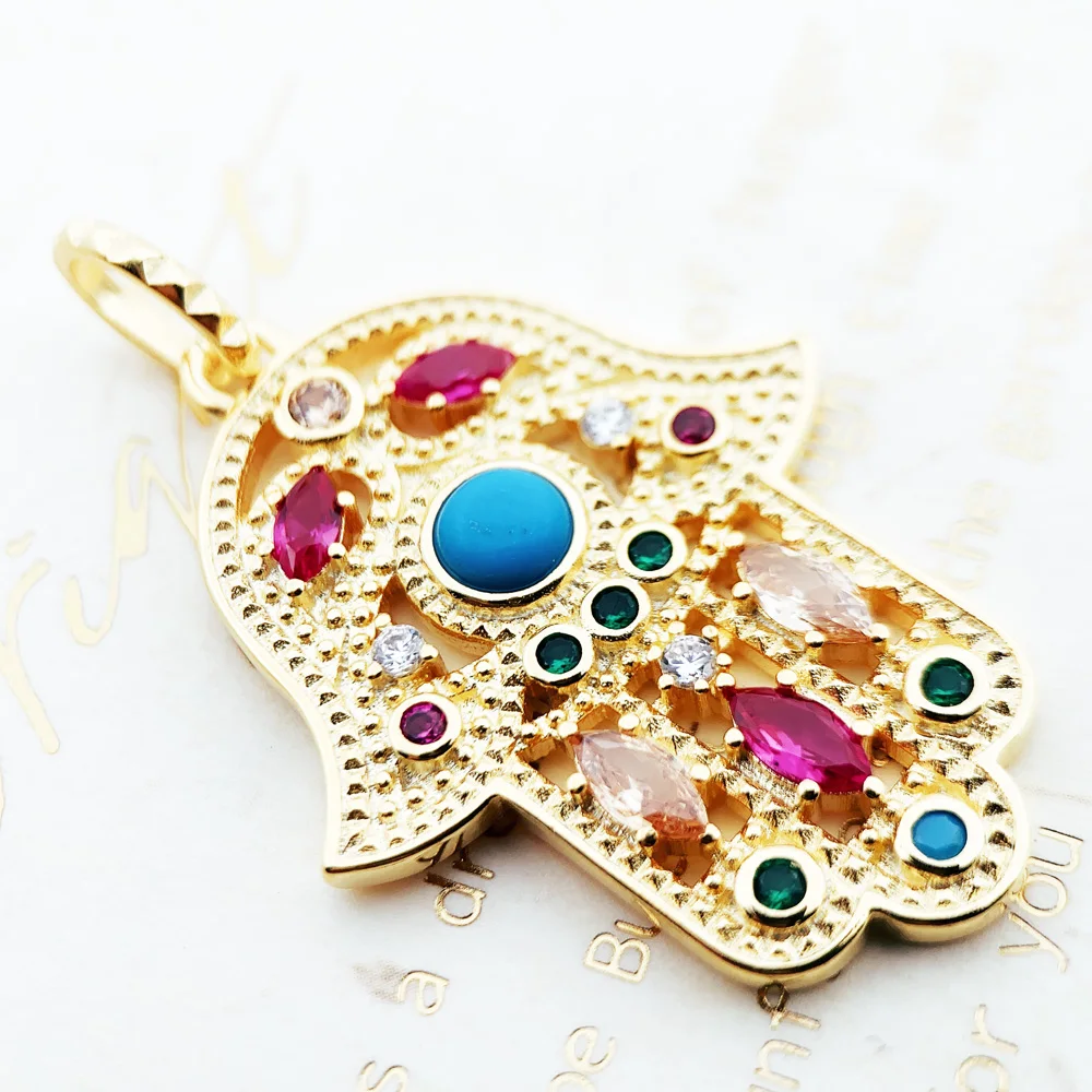 Hand of Fatima Golden Pendant Brand New Jewelry Vintage 925 Sterling Silver Accessories Lucky Gift For Women