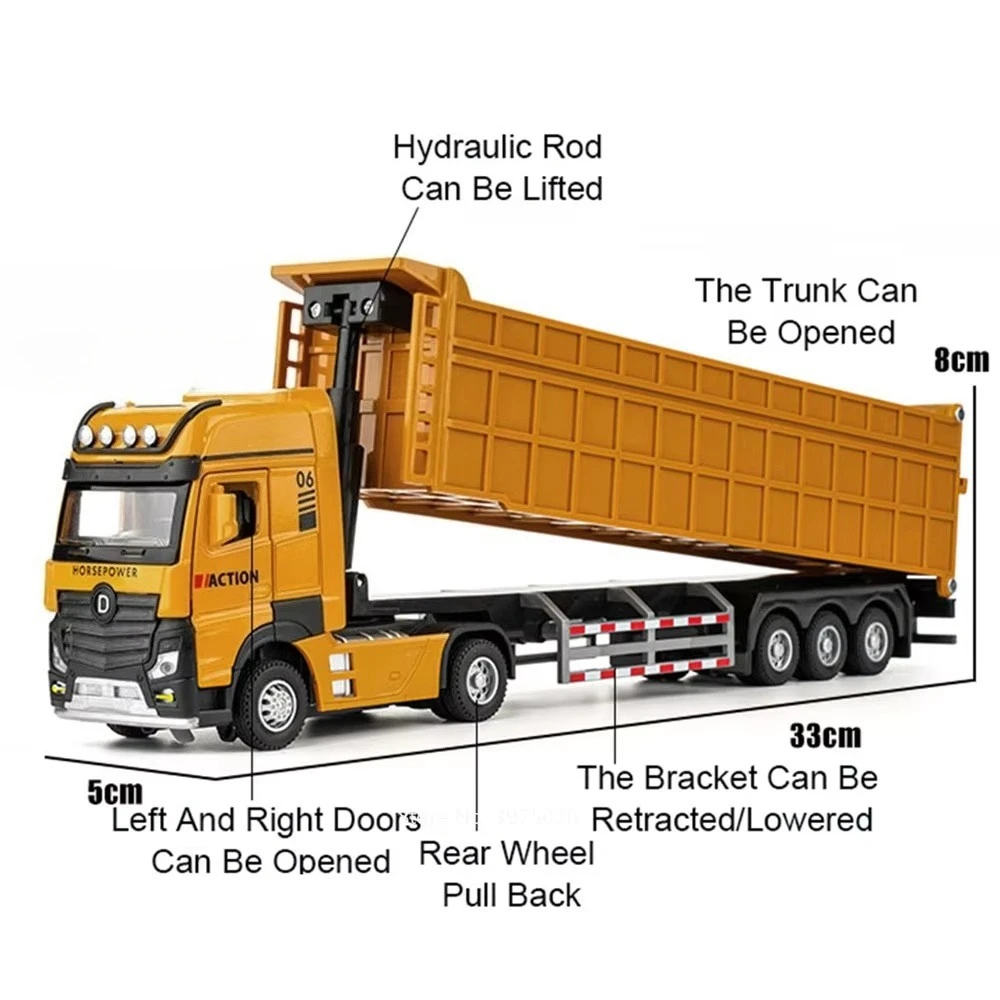 1:50 Miniature Trailer Dump Truck Cars Toys Model 3 Doors Opened Extended Engineering Vehicle Rubber Tires Car Festival Presents