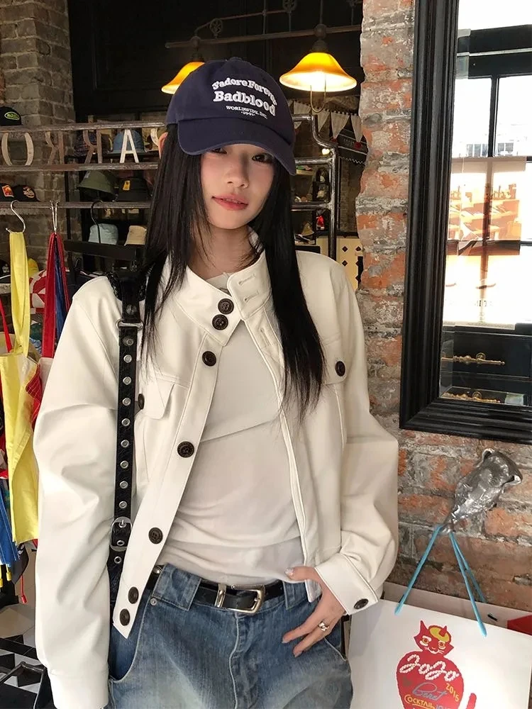 

Белая повседневная универсальная утягивающая кожаная куртка с воротником-стойкой на весну и осень, новый дизайн для женской верхней одежды