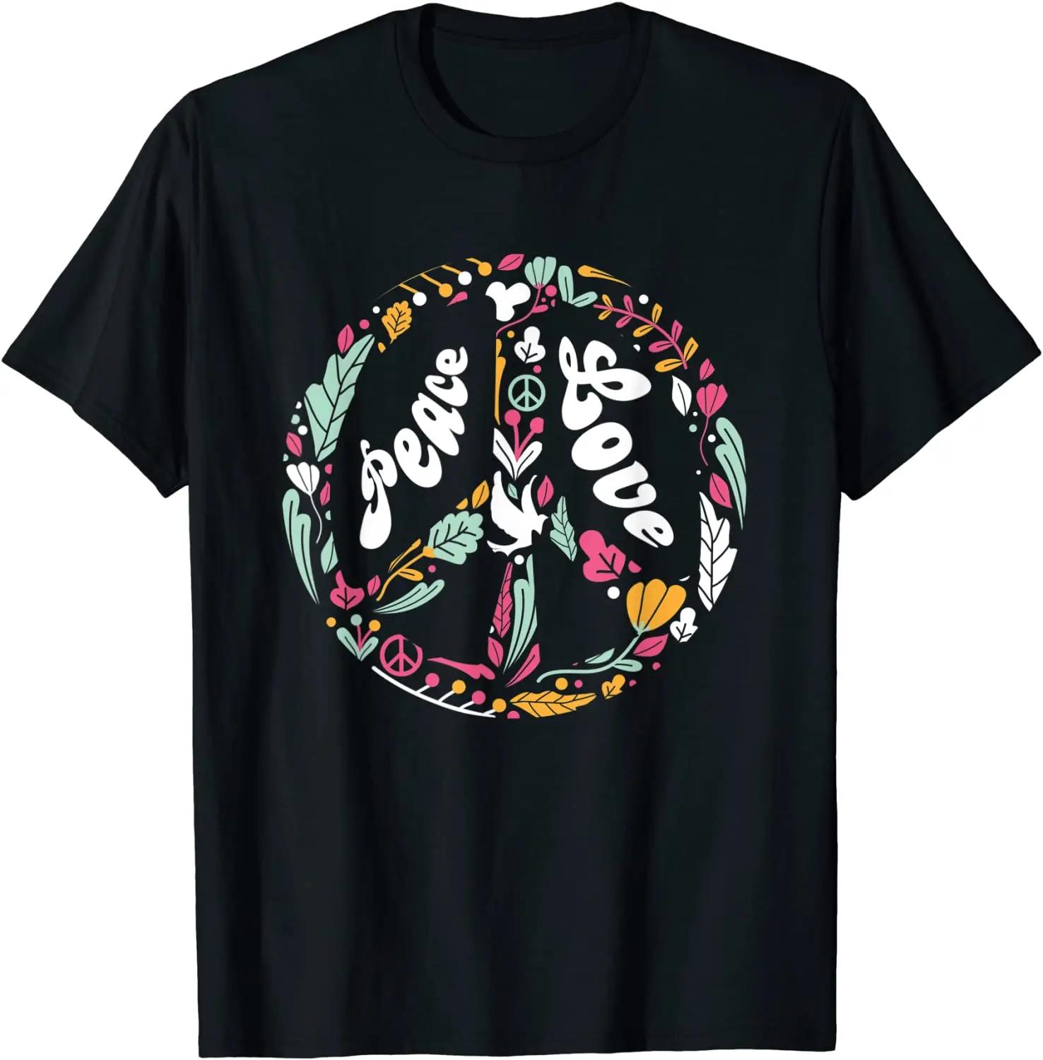 

Peace Love Sign with Flowers Vintage Hippies Botanical T-Shirt. Summer Cotton Short Sleeve O-Neck Mens T Shirt New S-3XL