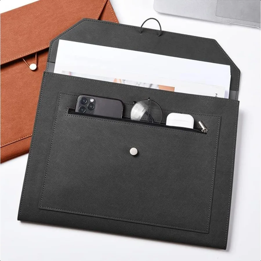 Cartella portadocumenti A4 in pelle PU Portadocumenti con 2 tasche Busta portfolio con cordino elastico Espansione da 3/4 pollici Nero