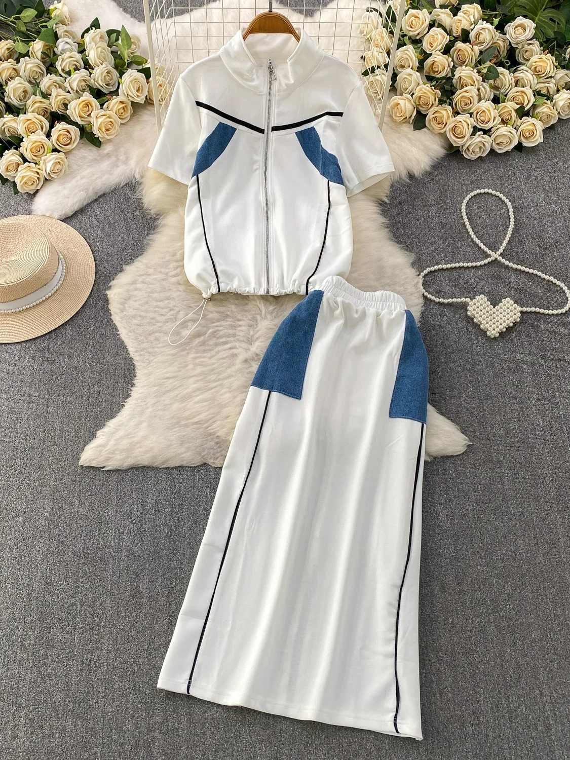 

Casual Chic Denim Zipper Stand Collar Dress Set Women's Fashion Two-Piece Outfit High Waist Loose Fit Summer Spring Workwear