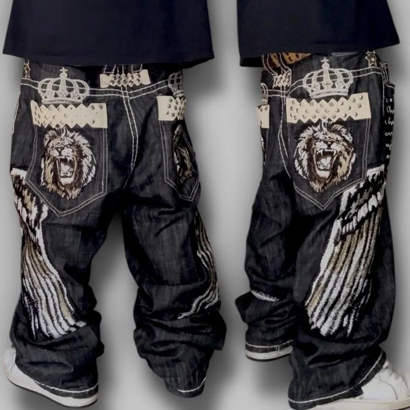 

Y2K Fashion New Pattern Geometric Embroidery Baggy Jeans Men High Street Gothic Pop Casual Joker High Waist Wide Leg Trousers