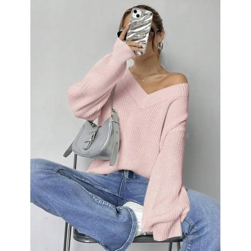 

Faionable Long Sve V-Ne Slim Fit Pure Color Sweater Autumn New Sle Casual Comfortable Knitted Pullover for Women