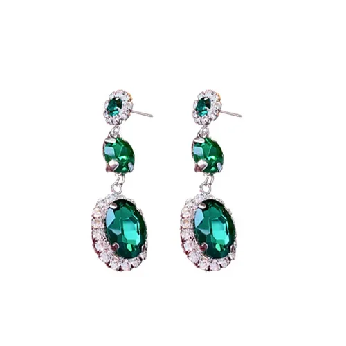 3 Pcs Green Rhinestone French Oval Pendant Necklaces Court Elegant Light Luxury Earrings Silver Needle Jewelry Sets Wholesale