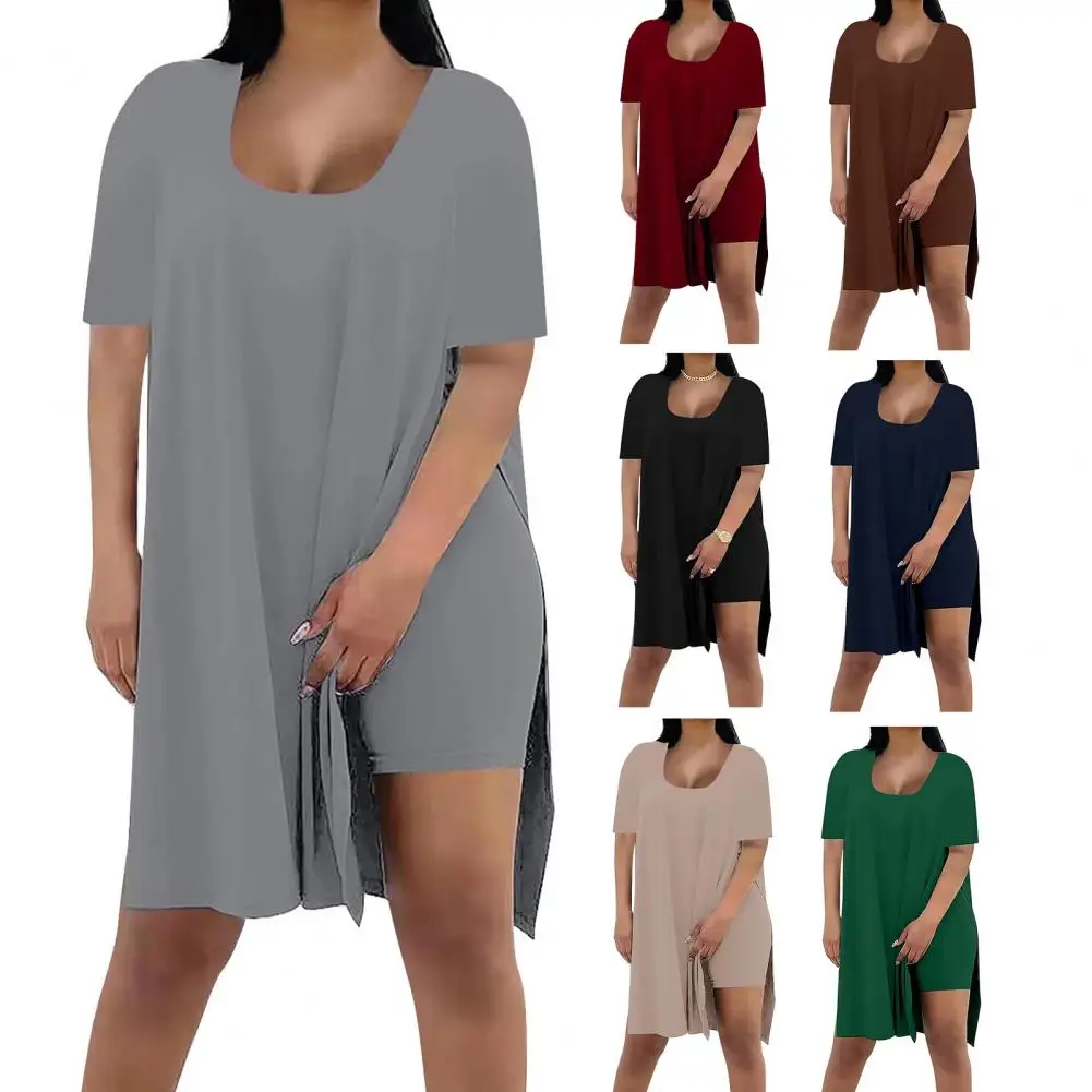 

Women Plus Size 2 Piece Outfits Side Split Short Sleeve Tunic Tops And Skinny Biker Shorts Sets Summer Lounge Tracksuit