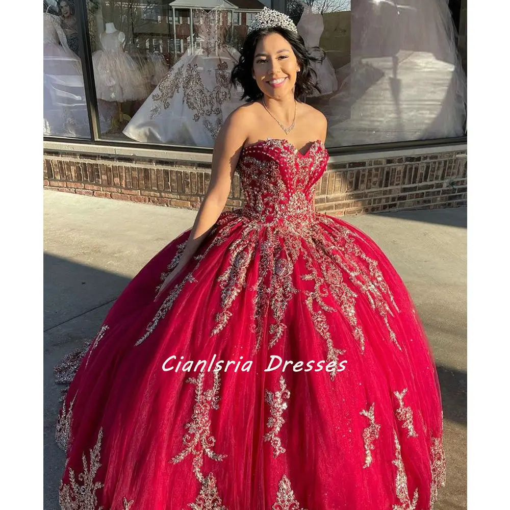 

Red Sequined Appliques Lace Mexican Quinceanera Dress With Cape Ball Gown Beading Crystal Corset Vestidos De XV Anos