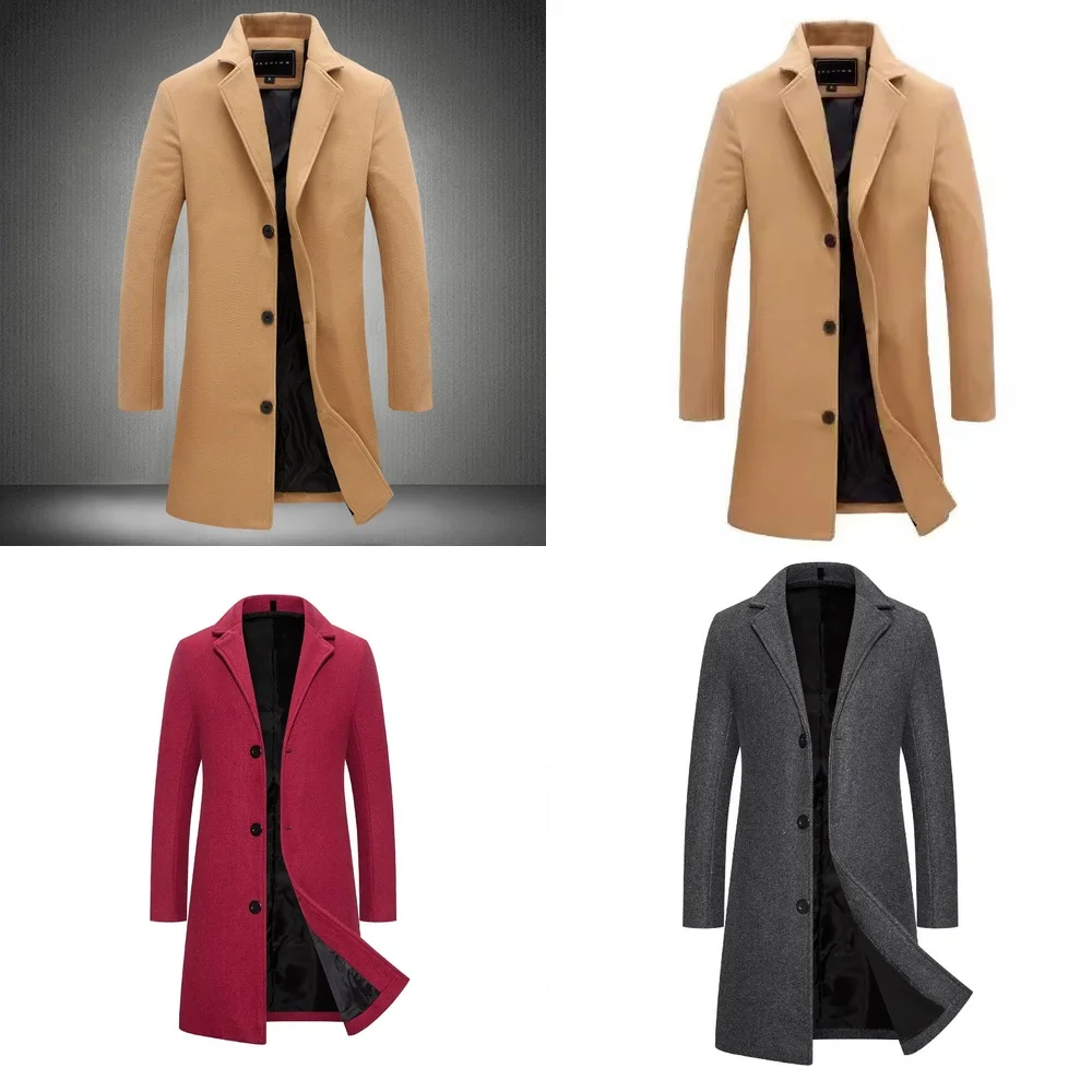 

Men's Wool Trench Coat Autumn Winter Fashion Slim Fit Mid Length Outerwear