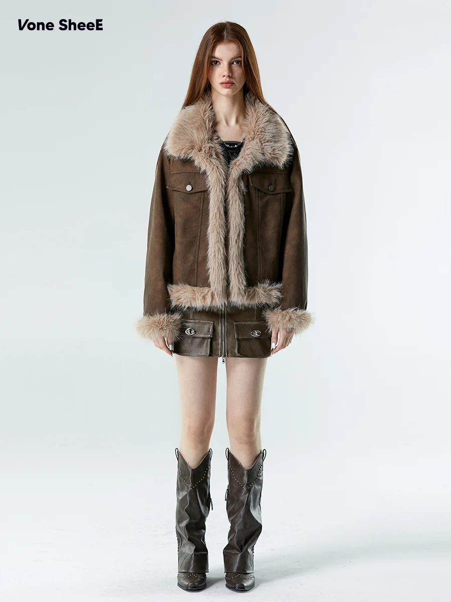 American retro fur coat winter new fur biker uniform fur coat women