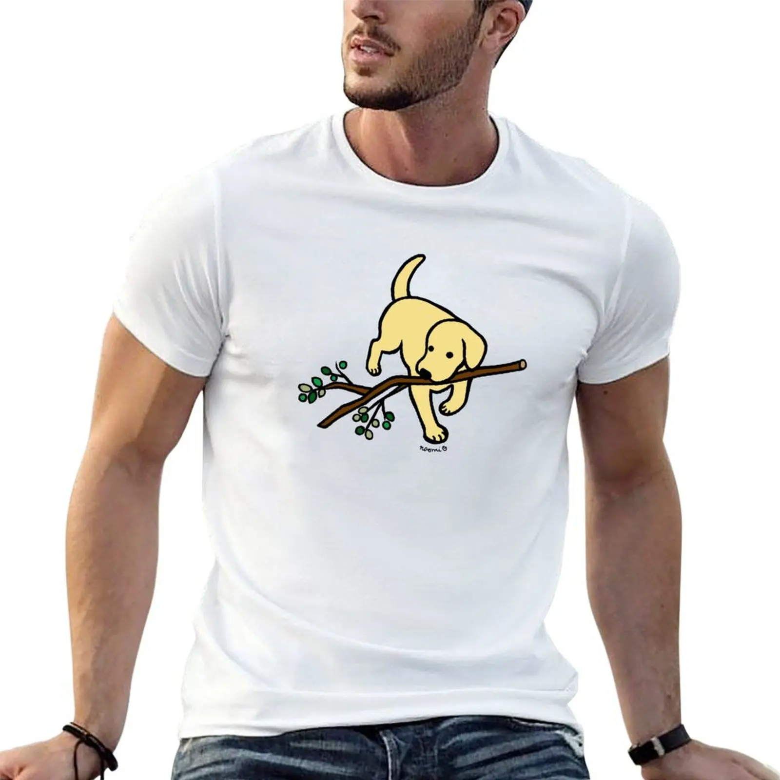 Yellow Lab Carrying a Branch T-Shirt Daily Wear Plain Short Sleeve Shirt