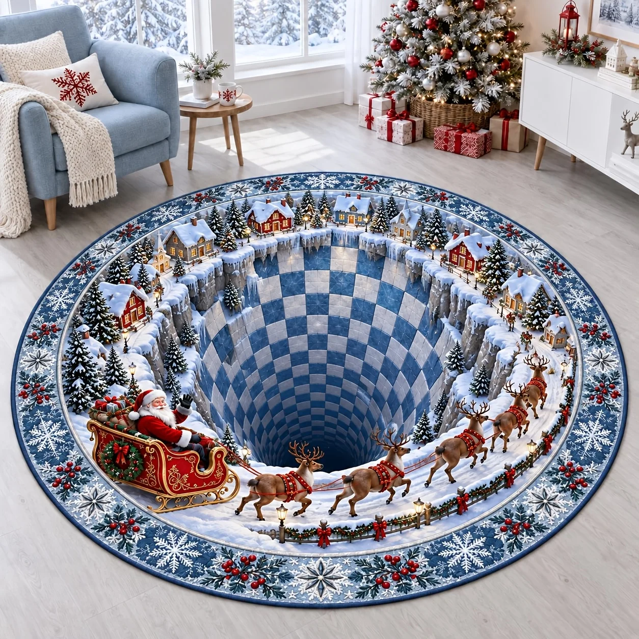 Santa Sleigh Ice Cave Illusion Round Rug Non Slip Washable 2D Flat Christmas Winter Themed Floor Carpet For Holiday Decoration