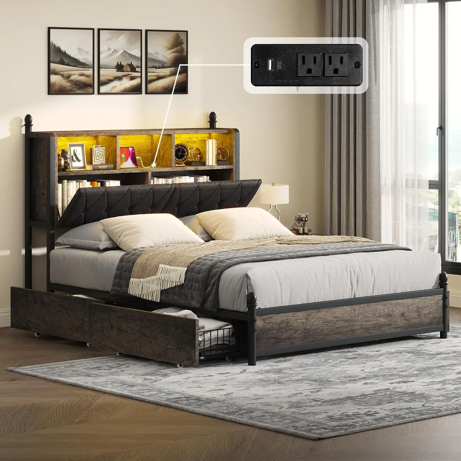 

Queen Bed Frame with 3-Tier Storage Headboard, LED & Charging Station Metal Platform Bed with 4 Storage Drawers