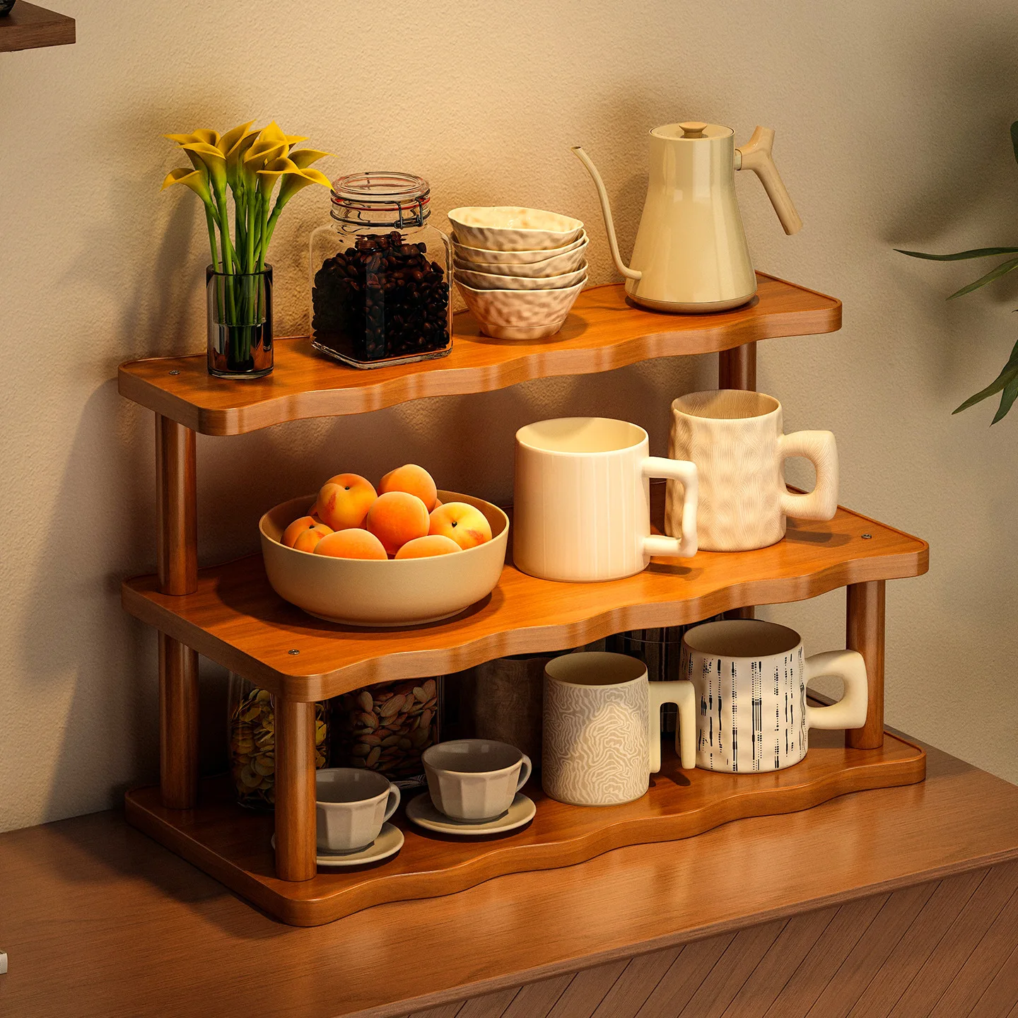 MidCentury Vintage Multi-Layer Desktop Coffee Mug Storage Rack,Cup Display Organizer and Space-Saving Kitchen Table Decor Holder
