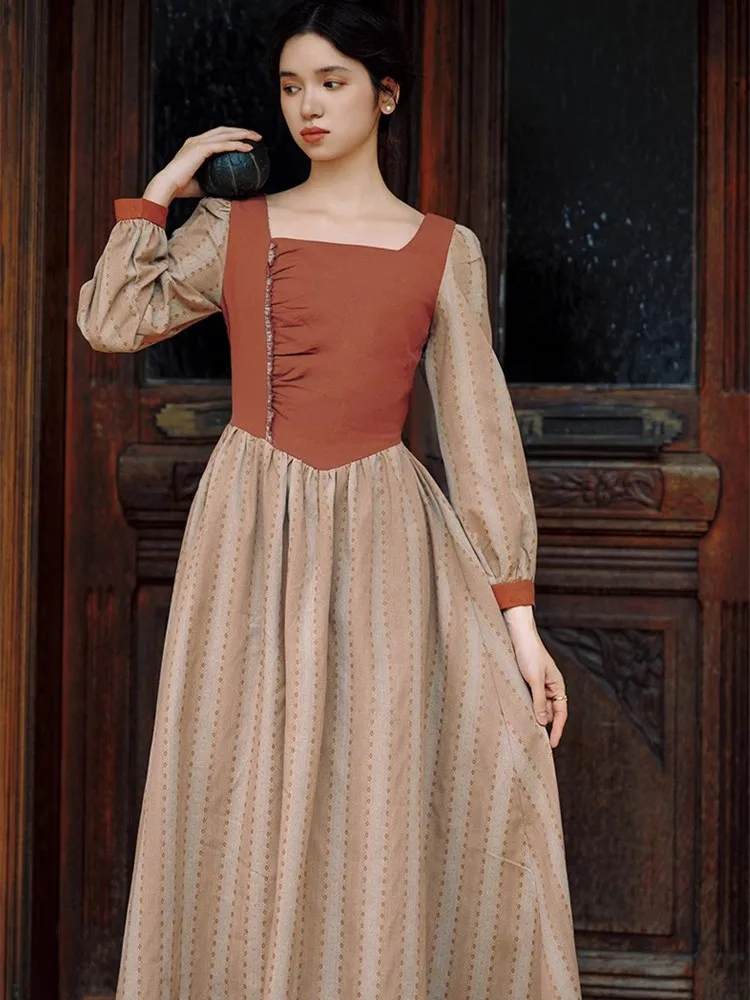 84-96cm Bust Spring Fall Winter Long Dresses For Women Vintage Elegant Slim Square Neck Country Style Mori Girls Patchwork Dress