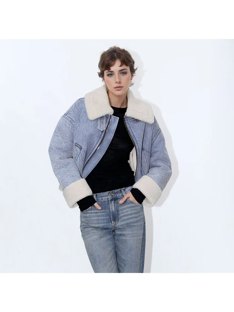 

TRAF Denim Jackets For Women 2024 Thick Warm Coat Winter Loose Jean Coats Female Clothes Jean Outwear Casual jackets Coats