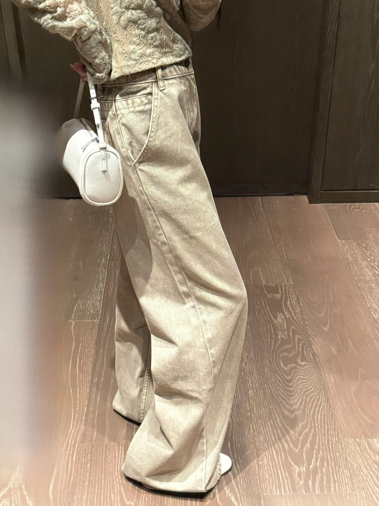 

BULENG Loose Straight Leg Khaki Denim Pants Women's Floor-Length Jeans Versatile Low Waist Wide Leg Retro Waed Winter Sle
