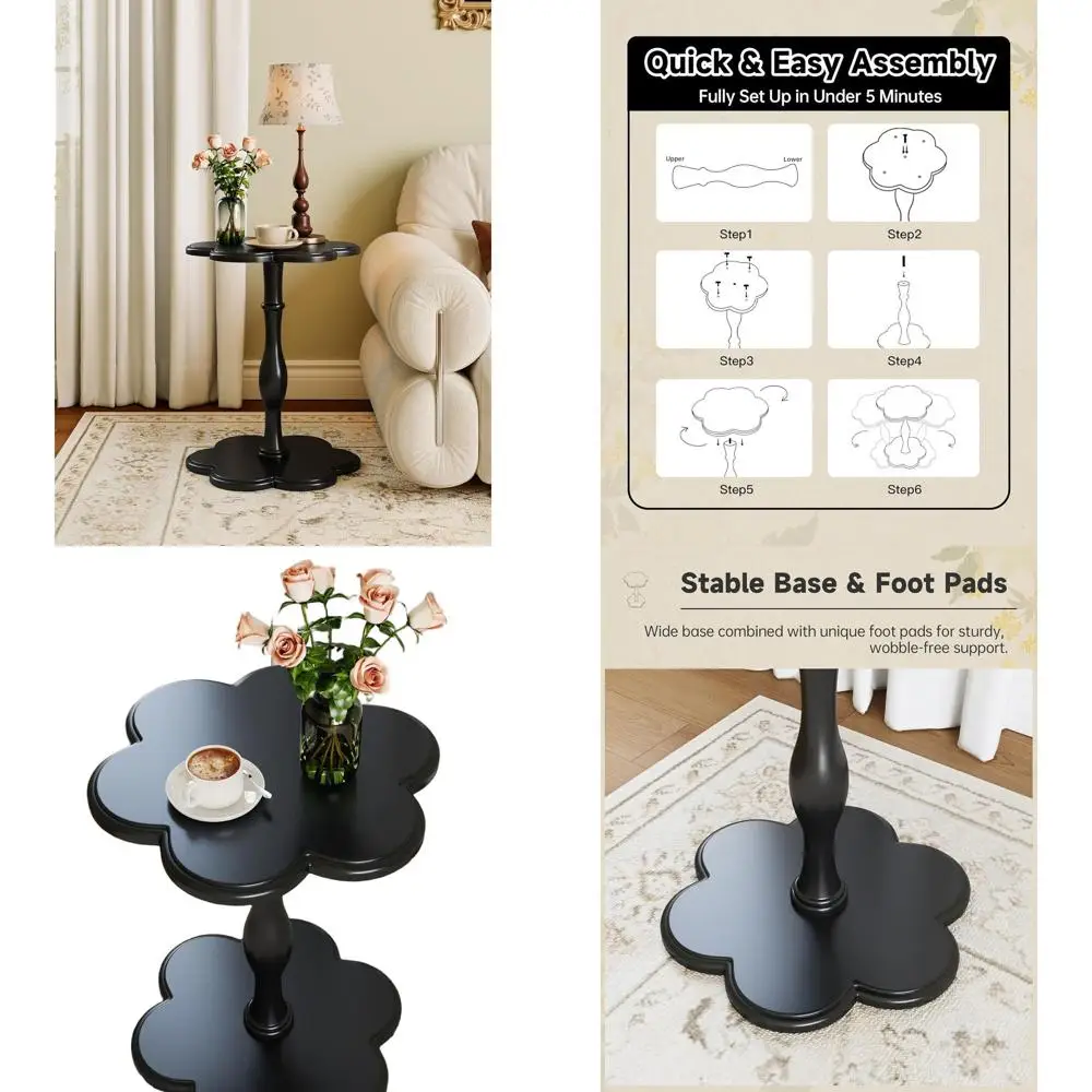 

Elegant Vintage-Style Solid Wood Flower Accent Table, Perfect for Living Room, Bedroom, or Sofa, Ideal for Coffee, Drinks, or Pl