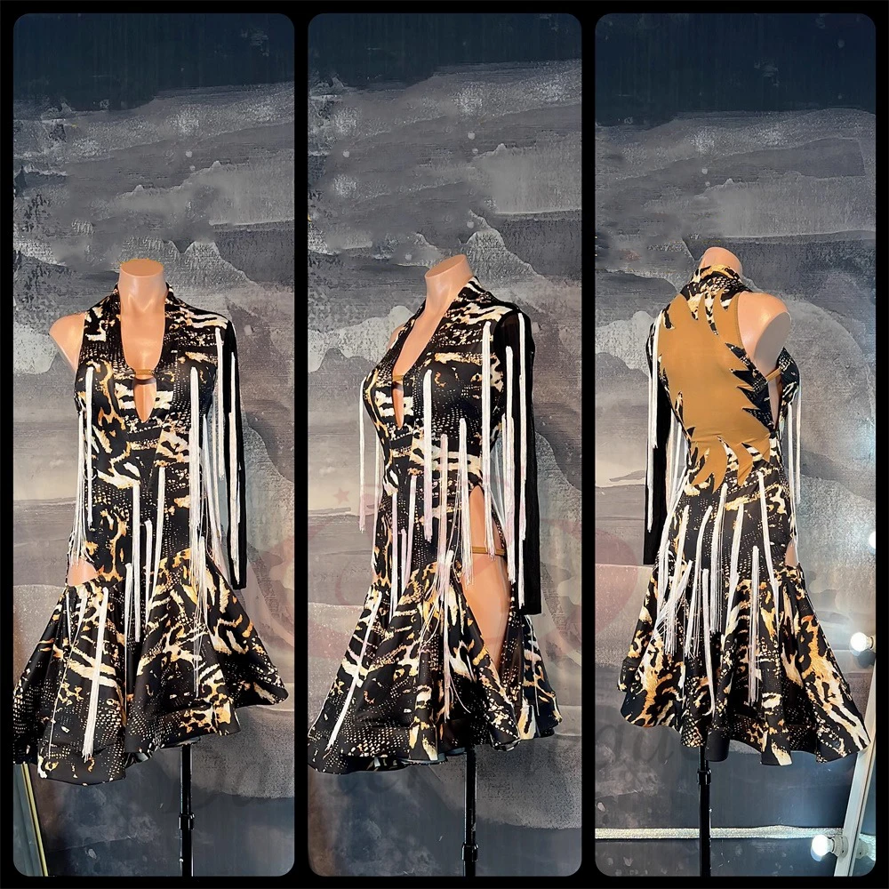 Latin Dance Costume For Women, Adults, And Children, High-End Customized Leopard Print+Tassel Cha Cha Tango Performance Dress
