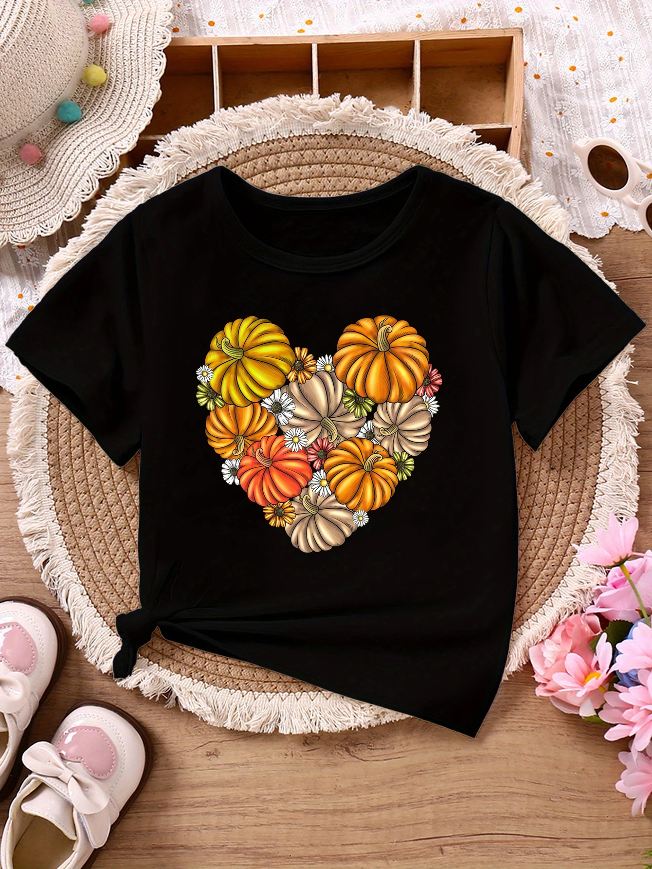 Pumpkins Flowers Printed T Shirt Girls Thanksgiving Gift T-Shirt Funny Kids Clothes Short Sleeve T-Shirt