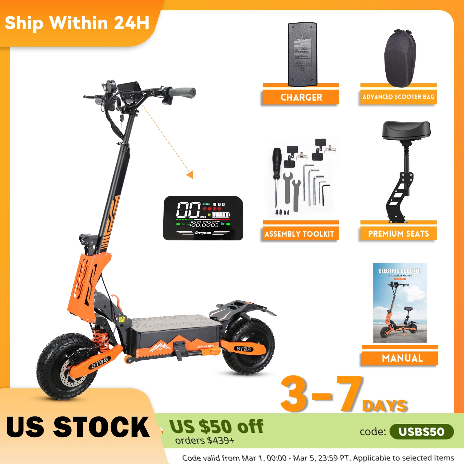 Arwibon 5600W Adult Electric Scooter Dual Motor Top Speed 50MPH,60V27AH, 11-inch Off-Road Tires Sport Folding eScooter with Seat