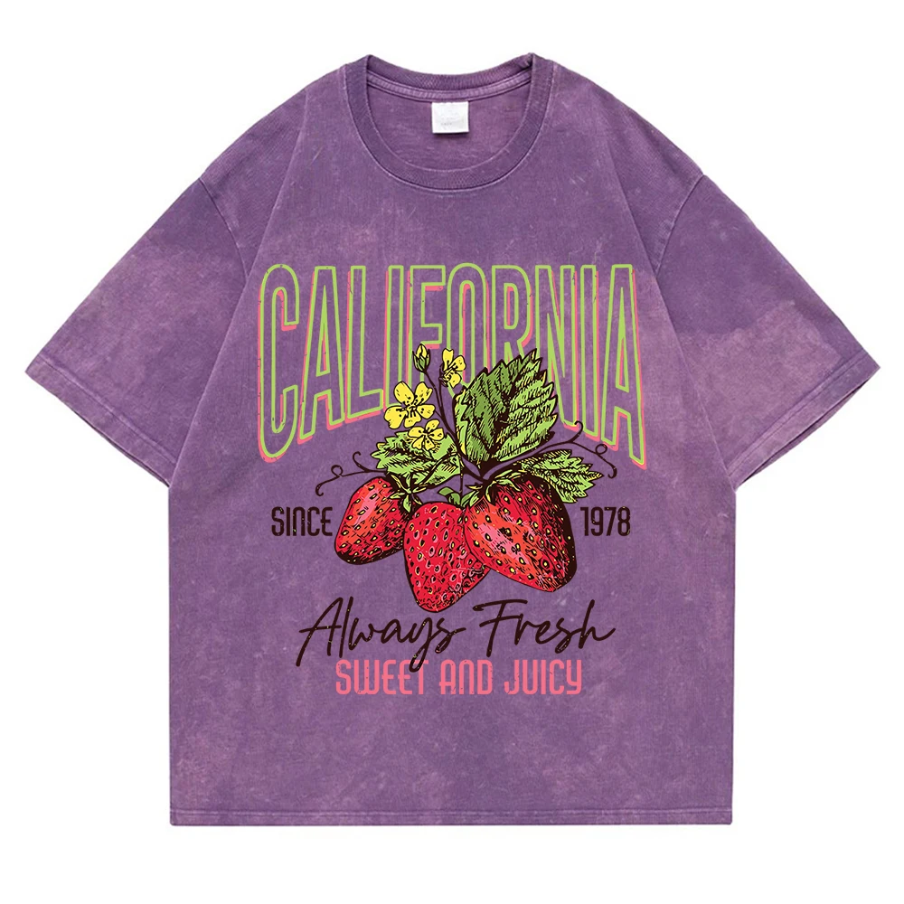 

California Sweet And Juicy Washed Retro Snow Tops Man Casual Tee Clothes T-Shirts Casual Summer T-Shirt Cotton Loose T Shirt