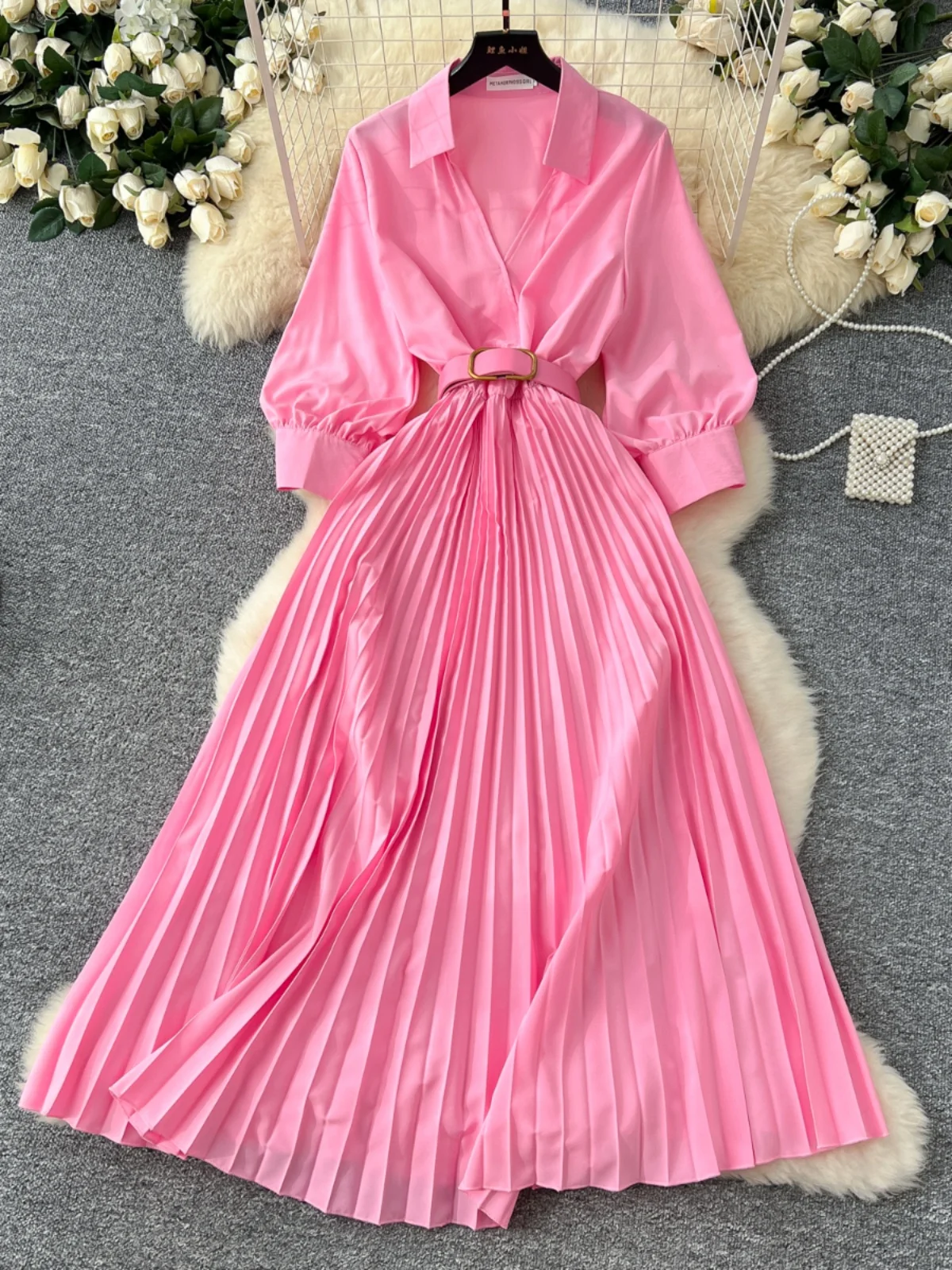 Vestido Largo Retro con Cuello, Mangas Farol, Cintura Alta y Pado, con Cinturón, Estilo Coreano, para Mujer, Temporada de ...