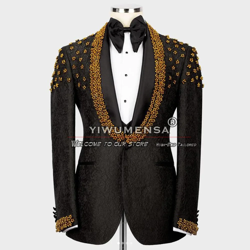 Luxury Groom Wedding Suits For Men Slim Fit Black Floral Jacket Vest Pants 3 Pieces Men's Party Tuxedos Tailored Male Clothing