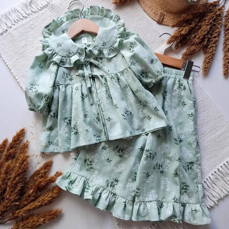 

2025 New Russian Girls Spring and Autumn Cotton Floral Peter Pan Collar Shirt Wide Leg Pants Children Two-piece Set