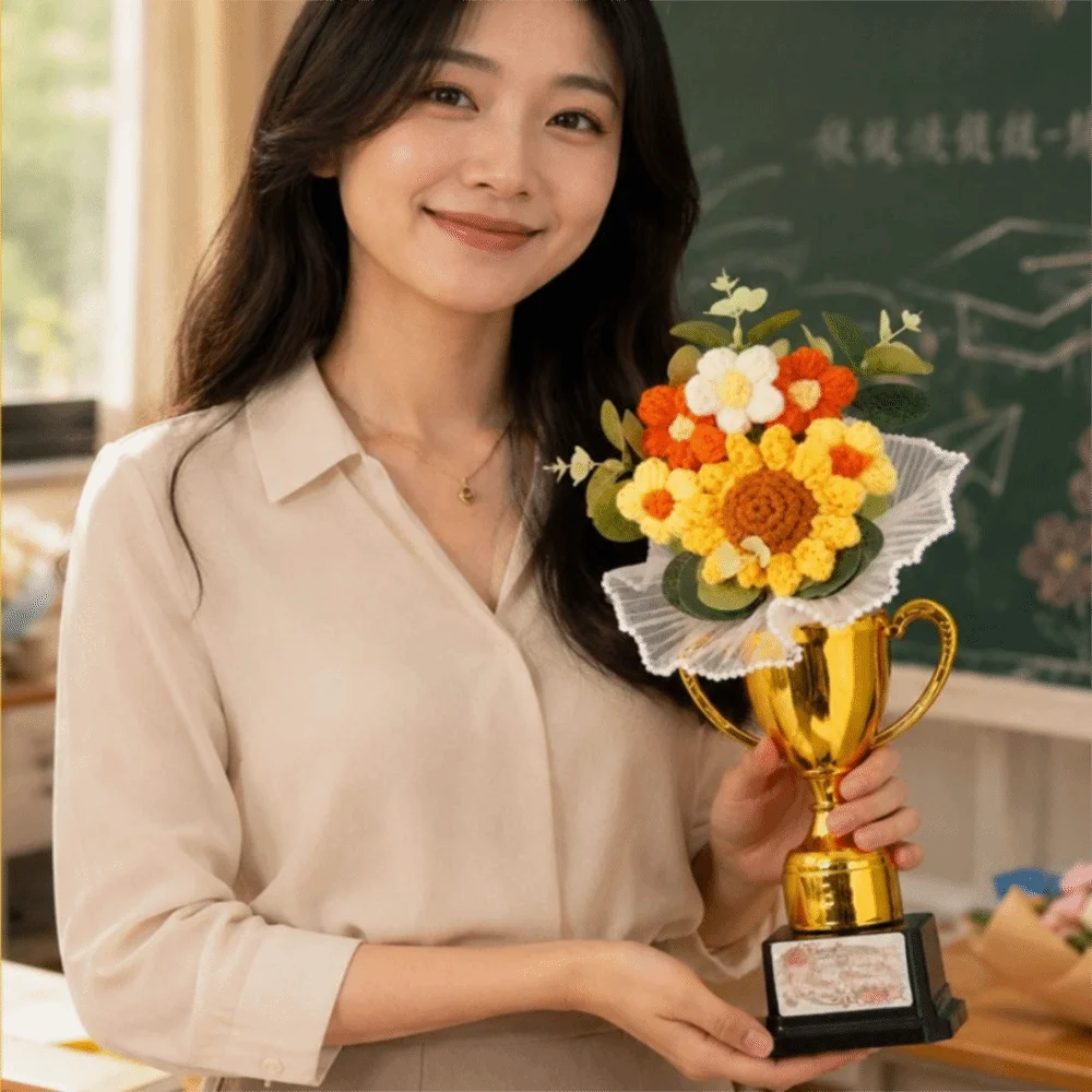 Delicate Flower Adornment Graduation Season Ornament Refined Workmanship Trophy-Shaped Base Teacher Appreciation Keepsake