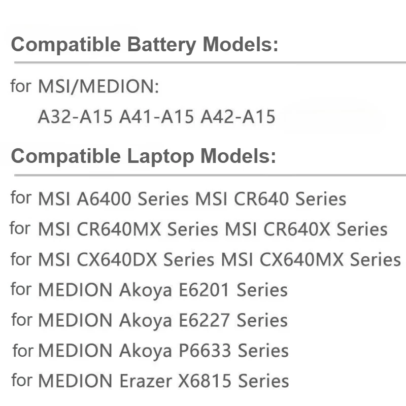 Laptop Battery for DNS (0154706)  E6201 E6222 X6815 Laptop Battery for MSi A32-A15 A42-A15 A41-A15 A6400 CX640 CR640 Bateria