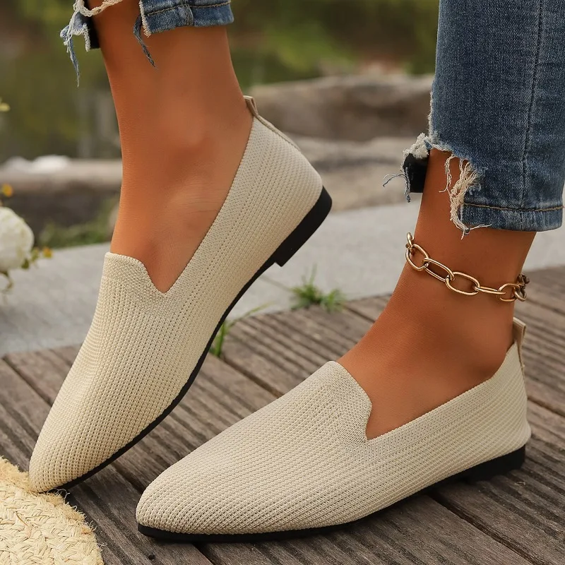 Stretch Knitted Ballet Flats for Women Summer Breathable Shallow Slip-on Loafers Fashion Pointed Toe Solid Color Non-slip Flats