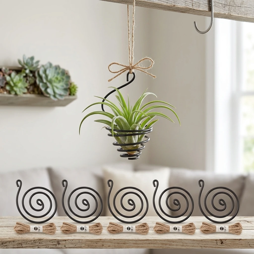 6 Pack Hanging Air Plant Holder Spiral Wire Stand Tillandsia Display Geometric Rust Resistant Indoor Garden Decor with Hemp Rope