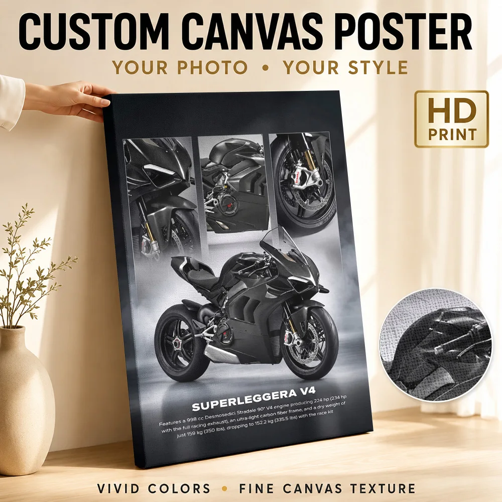 Black Italian Superleggera V4 Motorcycle Framed Canvas Poster Customized Photo Layered Collage Wall Art For Study Rider Gift
