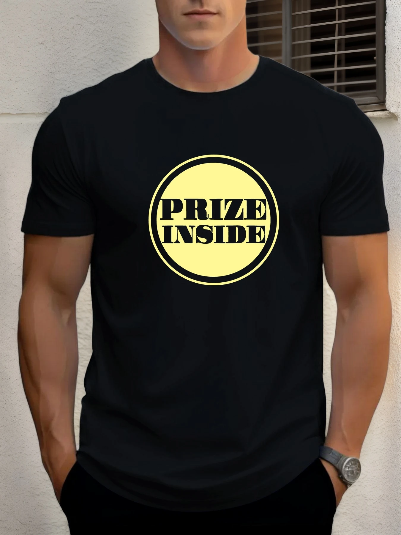 

Men's cotton T-shirt, summer round neck short sleeves, PRIZE INSIDE printed breathable streetwear fashion cool T-shirt