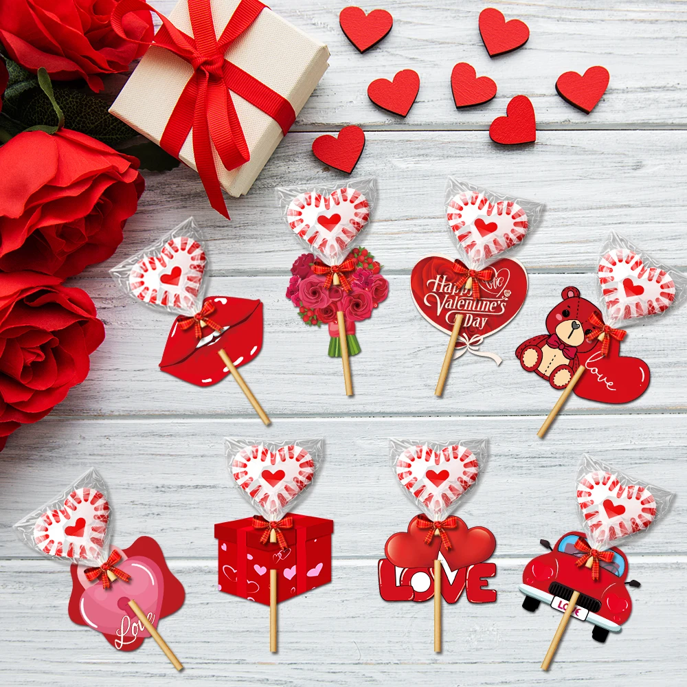 8/16pcs Valentine's Day Lollipop Paper Cards Candy Holder Red Lips Heart flower shape DIY Candy Package Wrapping Valentine Favor