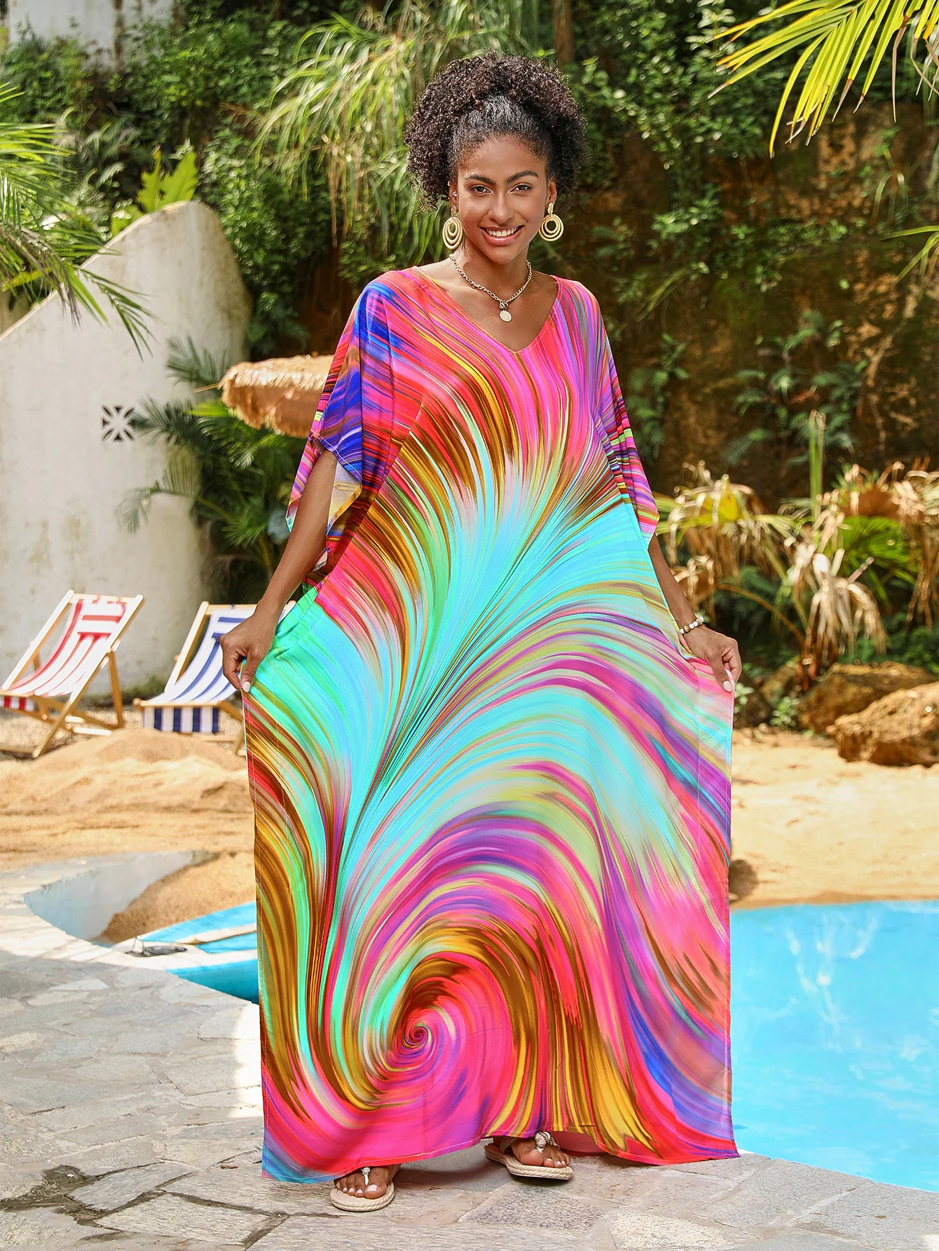 

Summer Beach Bohemian Beach Wind V-Tie Side Slits Vacation Skirt Beach Skirt Blouse