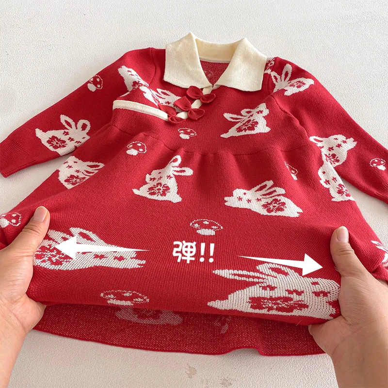 Girl's Little Rabbit New Year's Dress 2025 New Winter Baby Western Knitted Dress Children's Chinese Red Dress