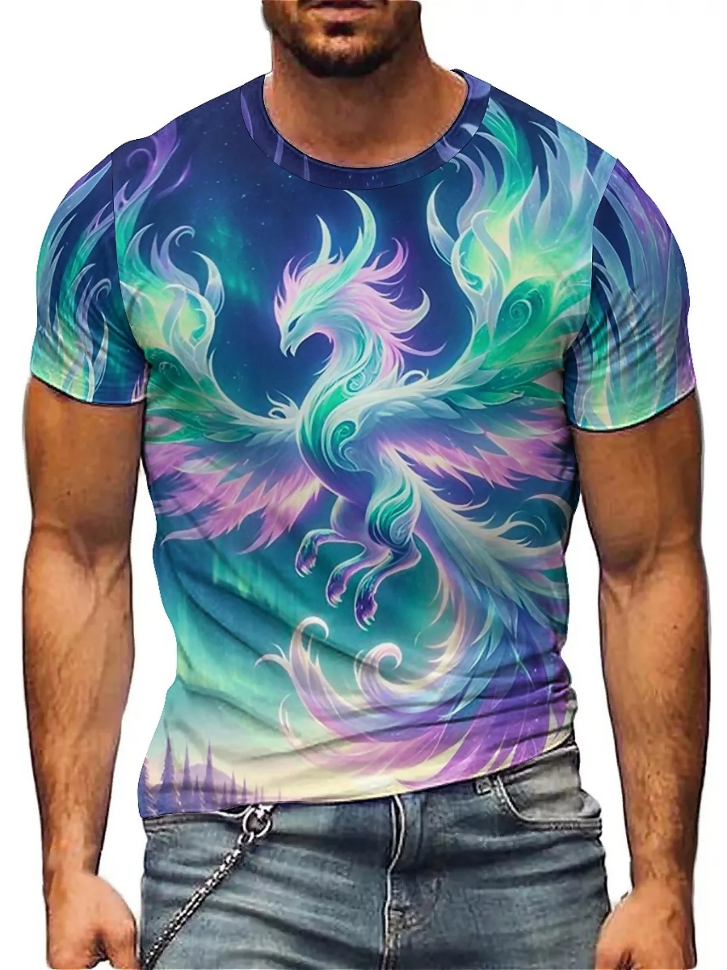 

Мужская футболка с 3D-принтом Яркий Феникс — свободный крой с коротким рукавом, полиэстер, круглый вырез