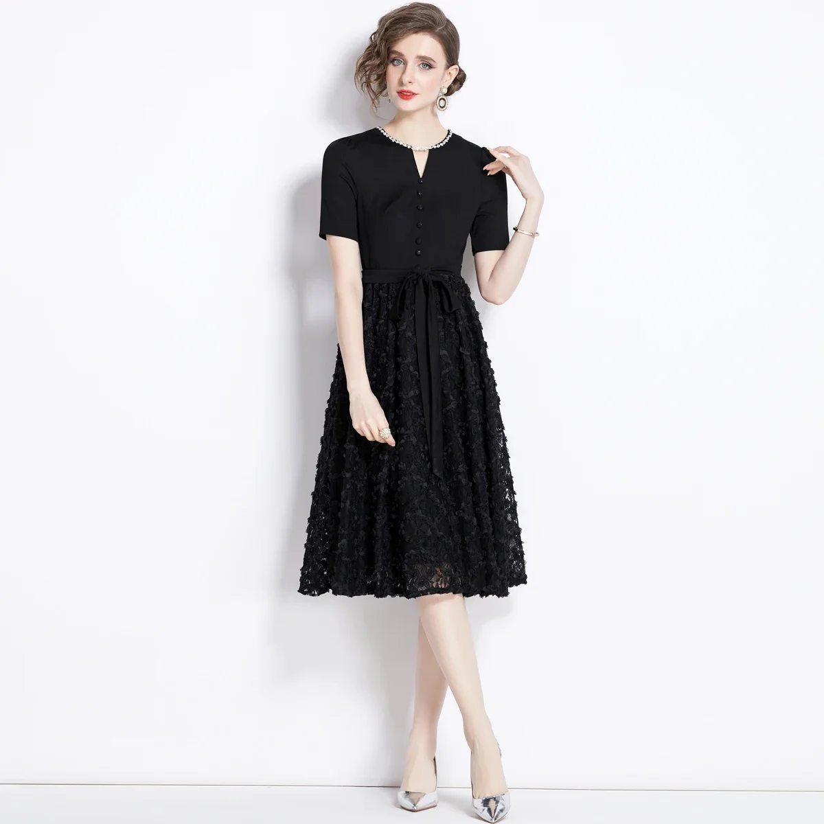 Sexy Party Office Lady Dress Fake Two Three-dimensional Flower Dress By Hand Nail Drill Big Swing Skirt