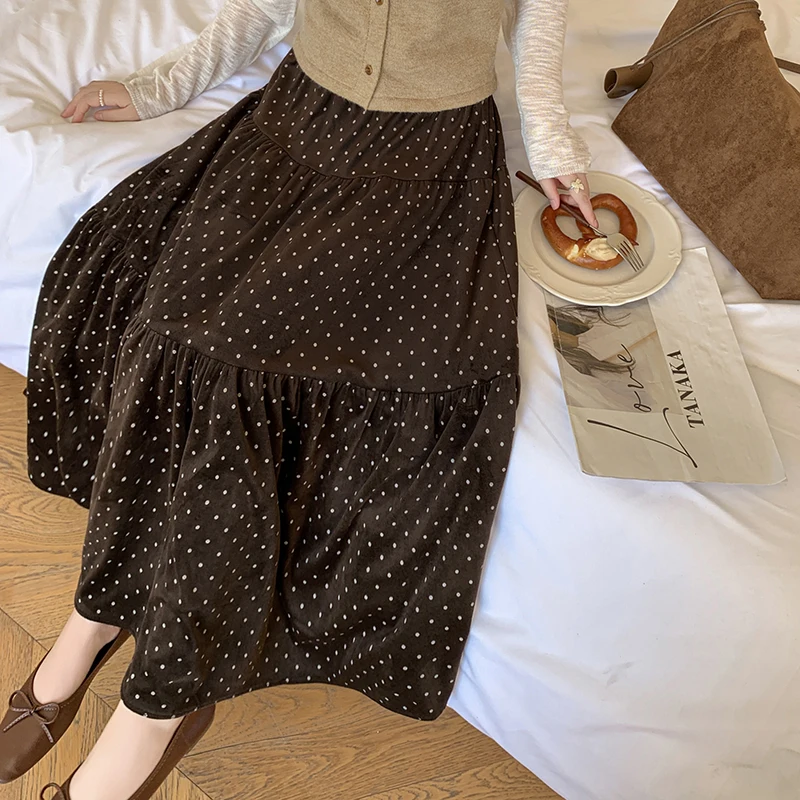 프렌치 스웨이드 프린트 도트 스커트 여성 빈티지 엘라스틱 웨이스트 A라인 스커트 여성 가을 겨울 2025 스트리트웨어 팔다스 신상