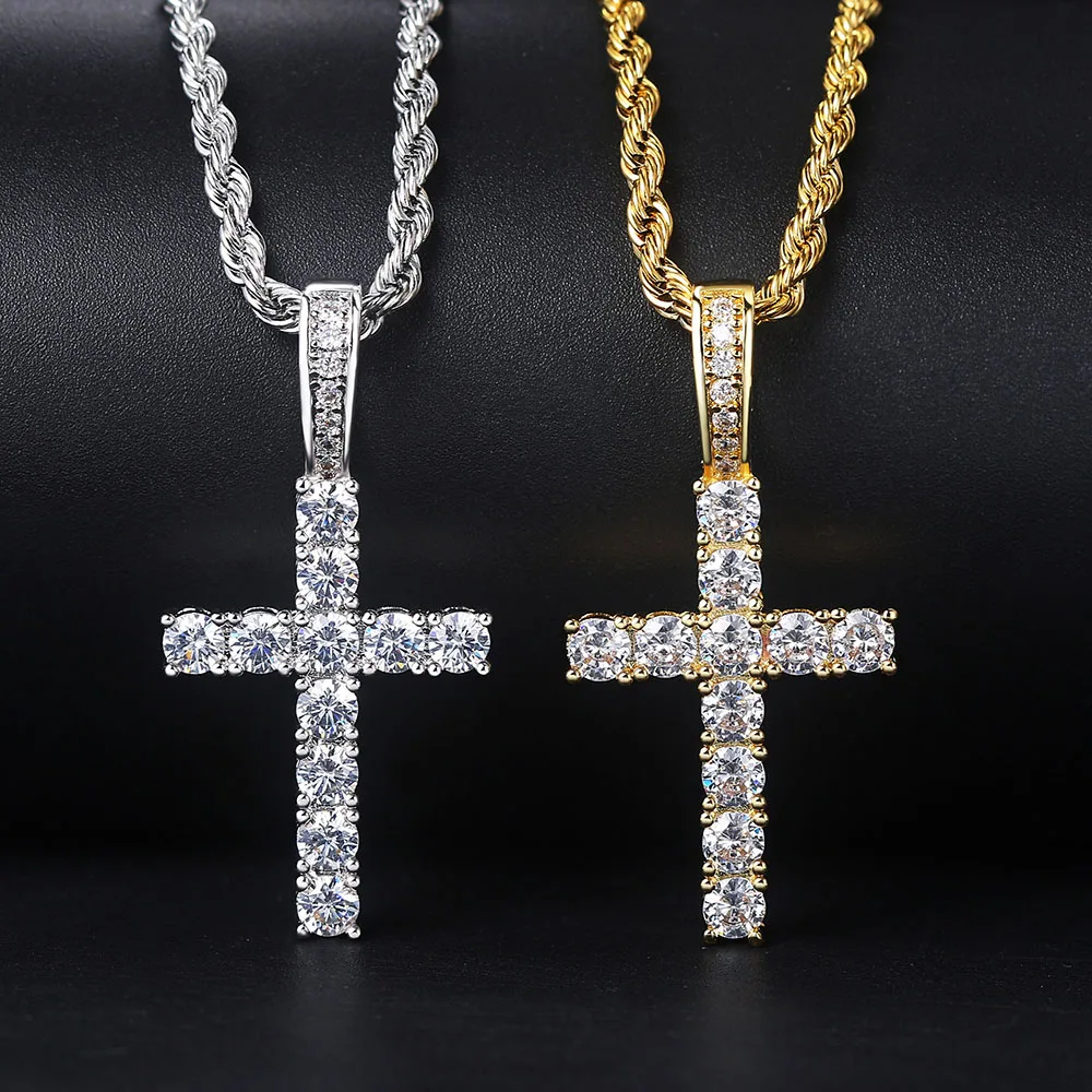 4/5mm Iced Out CZ Cross Pendant Necklaces for Women Men Punk Hiphop Rope Stainless Steel Chain on Neck Rapper Jewelry OHP003