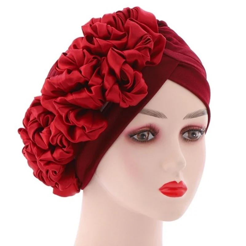 

African Big Flower Turban For Women Muslin Hajabs Hat Pleated Beanie Headwrap Caps Islamic Indian Ladies Fashion Bonnet Headwear