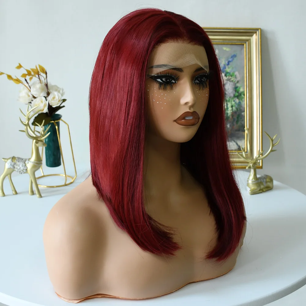 180% الكثافة 99J بورجوندي قصير بوب شعر مستعار 13X4 الدانتيل الباروكات الأمامية للنساء اللون الطبيعي الدانتيل الجبهة بوب شعر مستعار الاصطناعية قبل قطعها