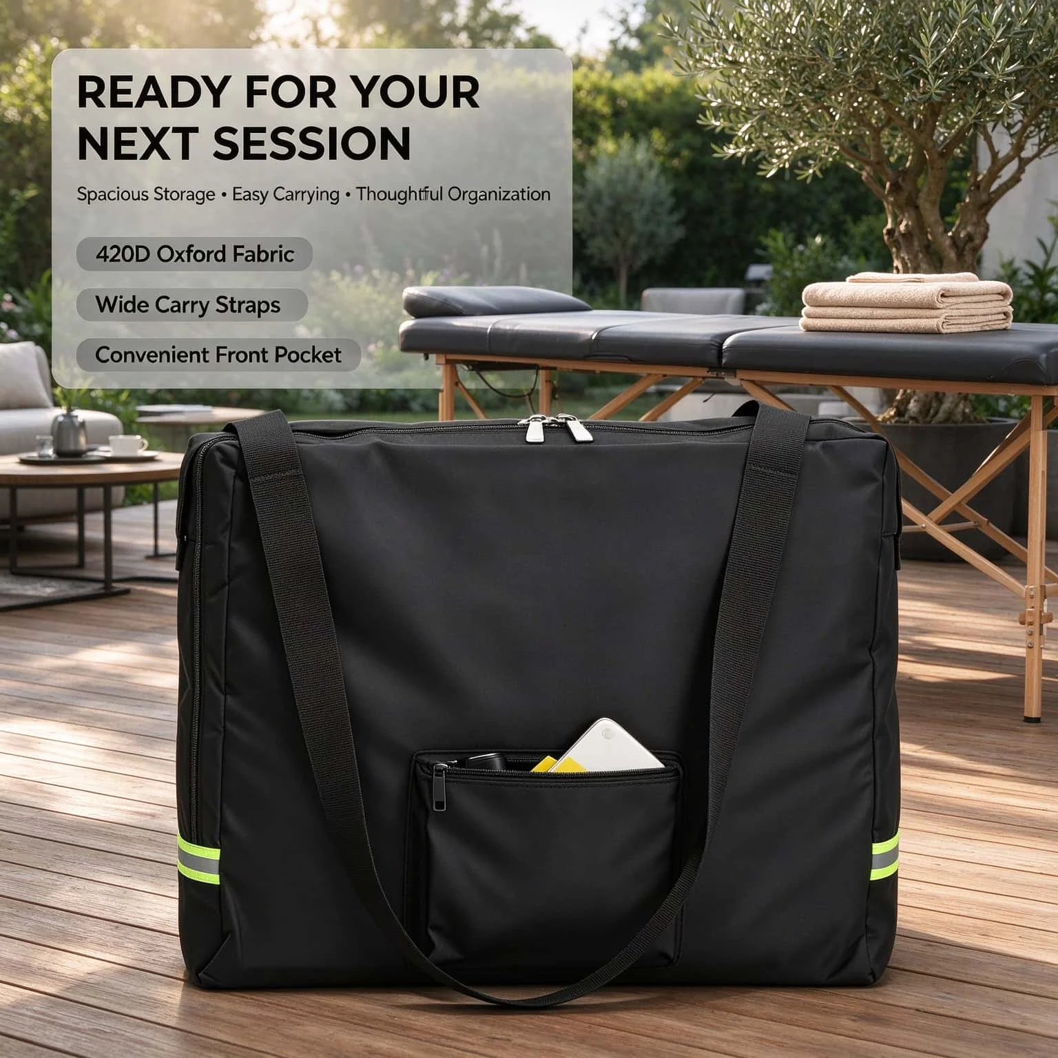 Portable Massage Table Storage Bag Black 420D Oxford Carry Bag with Reflective Strap Pocket for Folding Spa Massage Bed