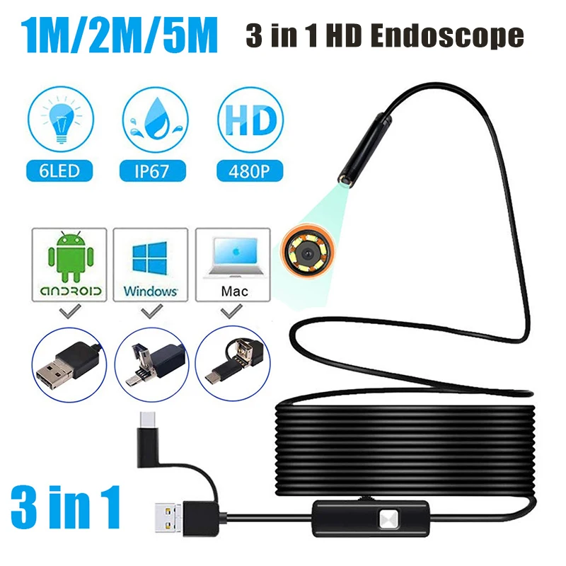 7MM Android Endoscope Camera Micro USB Type-C 3 In1 Borescope Mini Camera Waterproof LED Car Inspection 1M/2M/5M For PC Android