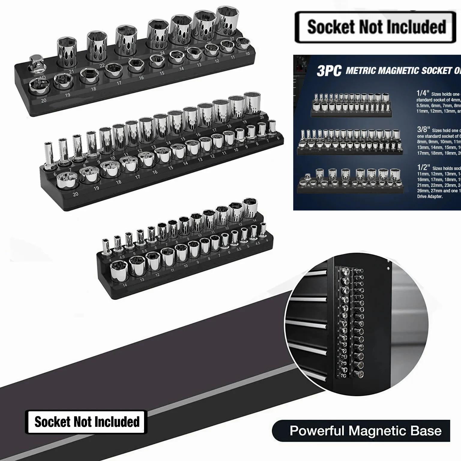 

Professional 3Piece Metric Magnetic Socket Organizers Set Socket Holder Kit|1/2,3/8&1/4"Mixer Drive Quality Organizer Tools