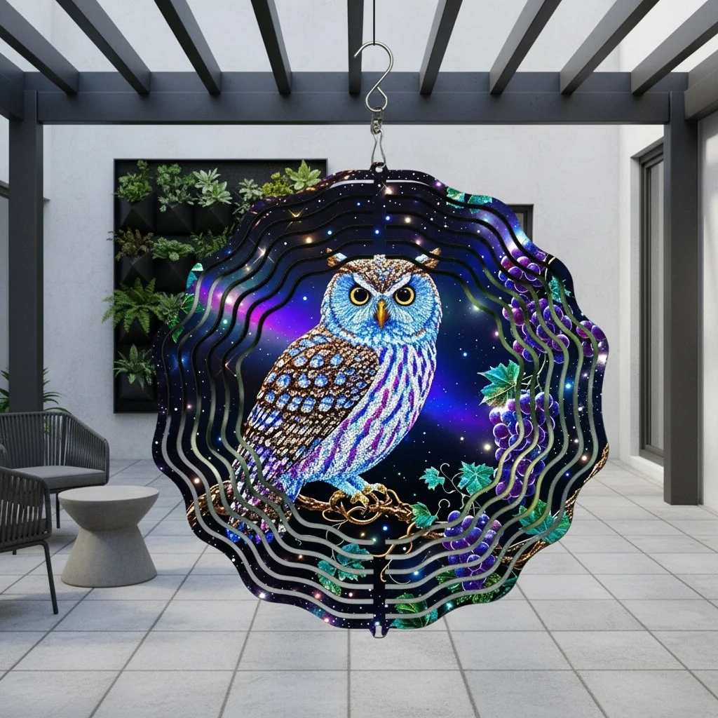 CIFbuy 3D Spinning Wind Spinner Garden Decor, Rotating Wind Chime with 360° Hook, Shiny Kaleidoscope Owl Outdoor Patio Ornament