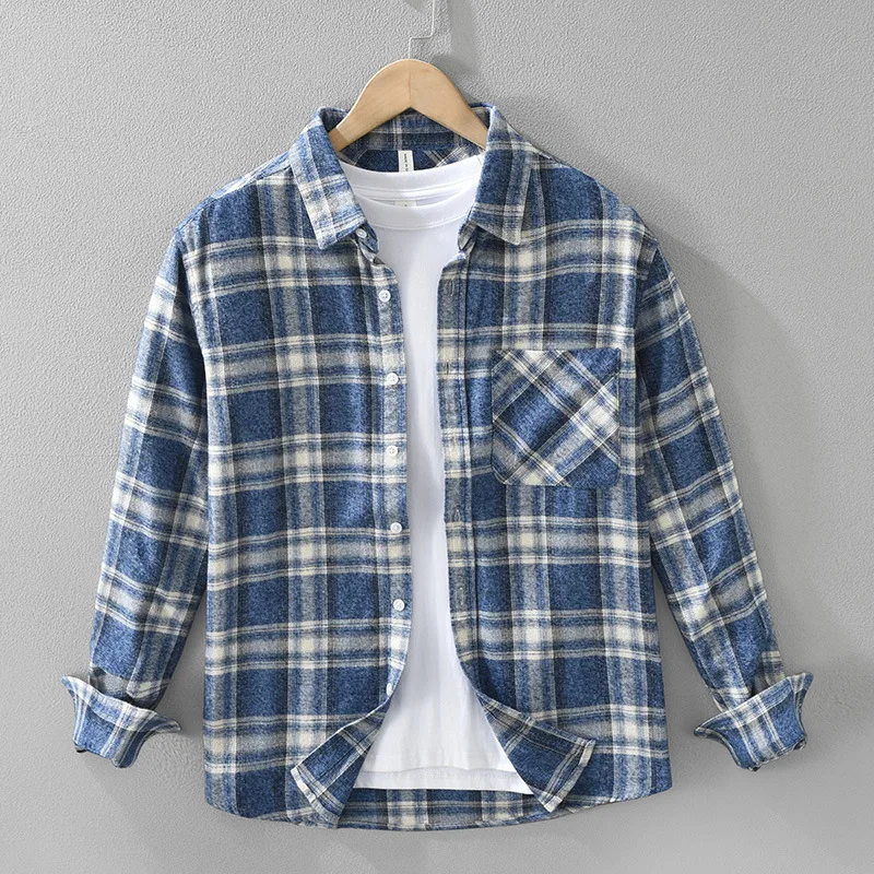 

Pure Cotton Plaid Long Sve irt Men's Autumn Color Blo Artistic Floing Casual Versatile Loose Faion Outerwear