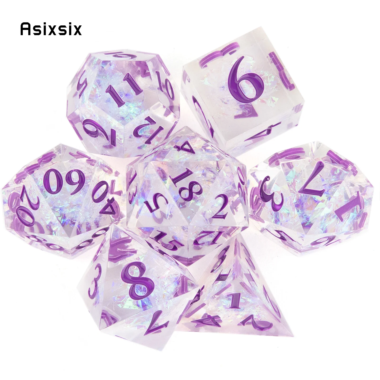 

7 Pcs White Resin Purple Number Sharp Edge Dice Polyhedral Dice Suitable for Role-Playing RPG Board Game